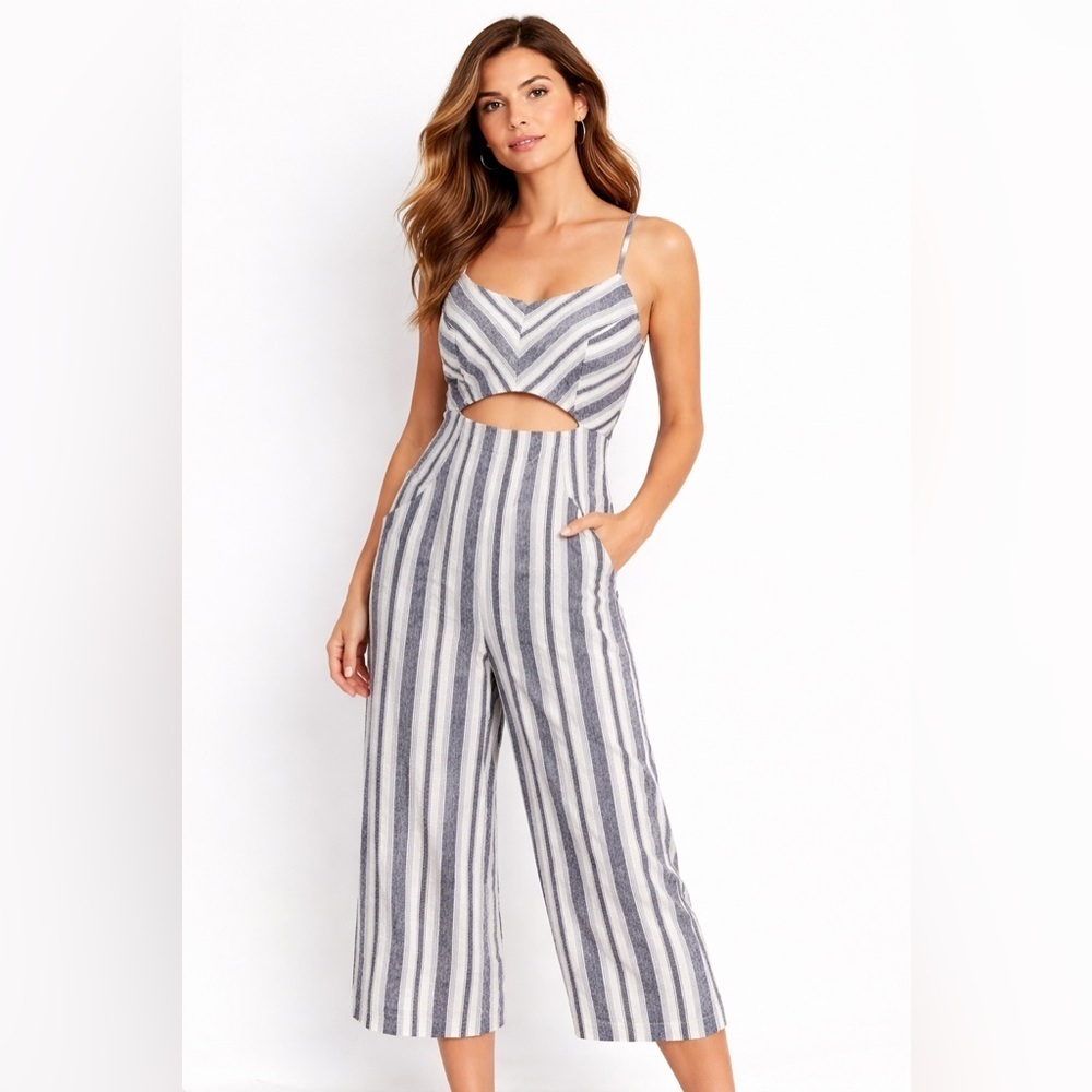 INTERMIX Christy Linen Jumpsuit – Gray/black Stripe, Cutout, Size Small